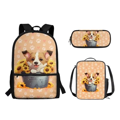 Woisttop 3-teiliges Rucksack-Schultaschen-Set für Jungen und Mädchen, Schultasche mit Lunchtasche, Federmäppchen, Beutel-Set, Corgi von Woisttop