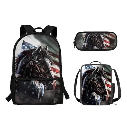 Woisttop 3-teiliges Rucksack-Schultaschen-Set für Jungen und Mädchen, Schultasche mit Lunchtasche, Federmäppchen, Beutel-Set, Pferd mit amerikanischer Flagge von Woisttop