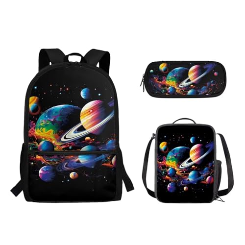 Woisttop 3-teiliges Rucksack-Schultaschen-Set für Jungen und Mädchen, Schultasche mit Lunchtasche, Federmäppchen, Beutel-Set, Planet von Woisttop