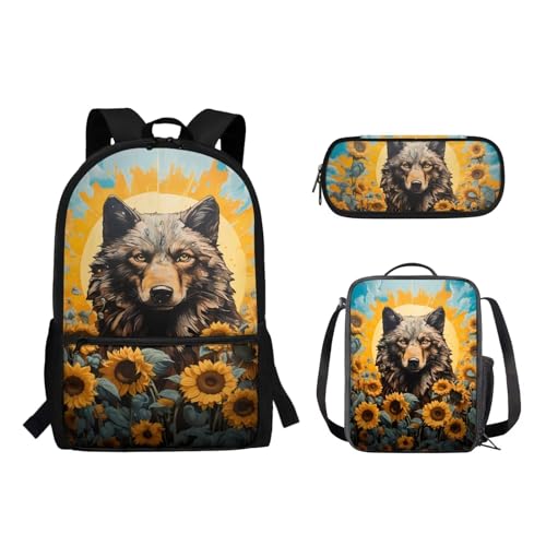 Woisttop 3-teiliges Rucksack-Schultaschen-Set für Jungen und Mädchen, Schultasche mit Lunchtasche, Federmäppchen, Beutel-Set, Wolf-Sonnenblume von Woisttop