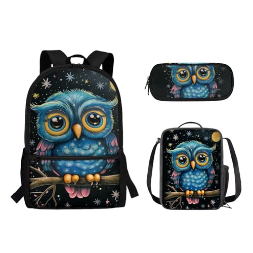 Woisttop 3-teiliges Rucksack-Schultaschen-Set für Jungen und Mädchen, Schultasche mit Lunchtasche, Federmäppchen, Beutel-Set, eule von Woisttop