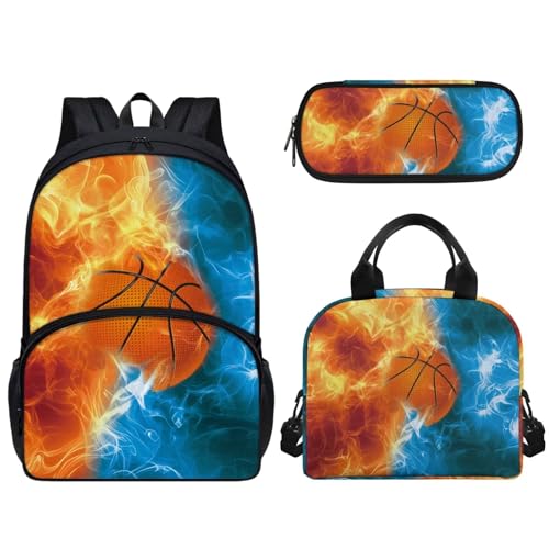 Woisttop 3-teiliges Schulrucksack-Set für Vorschule, Grundschule, Büchertaschen-Set mit Lunch-Tasche, Federmäppchen, Kinder-Schultaschen, Rucksack, Tagesrucksack, 3-in-1, Basketball von Woisttop