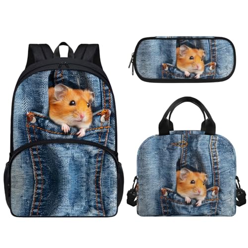 Woisttop 3-teiliges Schulrucksack-Set für Vorschule, Grundschule, Büchertaschen-Set mit Lunch-Tasche, Federmäppchen, Kinder-Schultaschen, Rucksack, Tagesrucksack, 3-in-1, Denim-Eichhörnchen von Woisttop