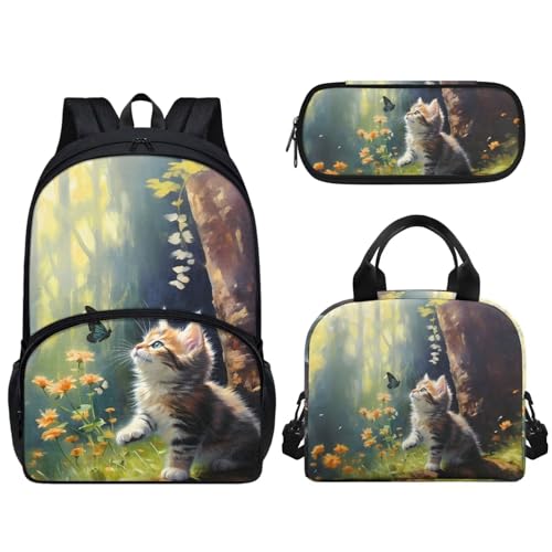 Woisttop 3-teiliges Schulrucksack-Set für Vorschule, Grundschule, Büchertaschen-Set mit Lunch-Tasche, Federmäppchen, Kinder-Schultaschen, Rucksack, Tagesrucksack, 3-in-1, Niedliche Katze von Woisttop