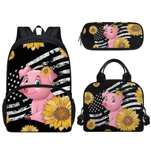 Woisttop 3-teiliges Schulrucksack-Set für Vorschule, Grundschule, Büchertaschen-Set mit Lunch-Tasche, Federmäppchen, Kinder-Schultaschen, Rucksack, Tagesrucksack, 3-in-1, Schwein mit amerikanischer von Woisttop