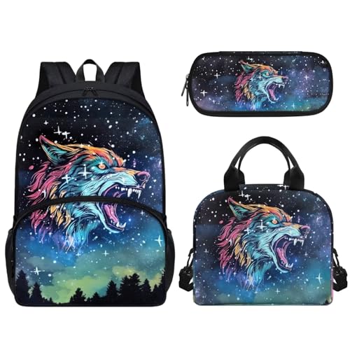 Woisttop 3-teiliges Schulrucksack-Set für Vorschule, Grundschule, Büchertaschen-Set mit Lunch-Tasche, Federmäppchen, Kinder-Schultaschen, Rucksack, Tagesrucksack, 3-in-1, Wolf Cool von Woisttop