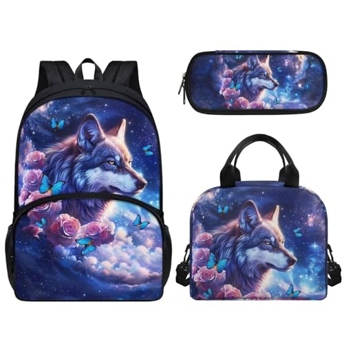 Woisttop 3-teiliges Schulrucksack-Set für Vorschule, Grundschule, Büchertaschen-Set mit Lunch-Tasche, Federmäppchen, Kinder-Schultaschen, Rucksack, Tagesrucksack, 3-in-1, Wolfsrose von Woisttop