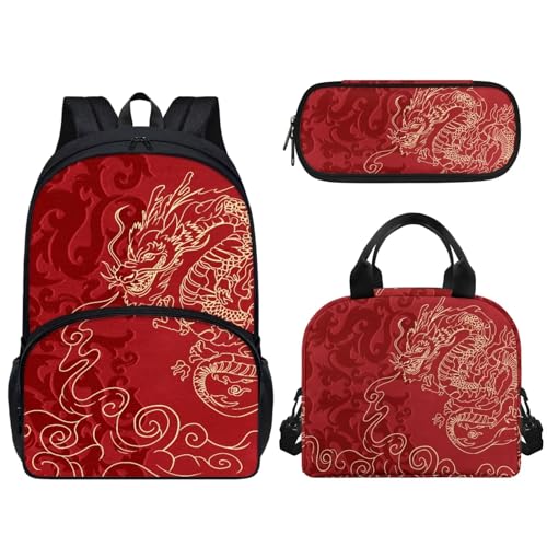 Woisttop 3-teiliges Schulrucksack-Set für Vorschule, Grundschule, Büchertaschen-Set mit Lunch-Tasche, Federmäppchen, Kinder-Schultaschen, Rucksack, Tagesrucksack, 3-in-1, drache von Woisttop