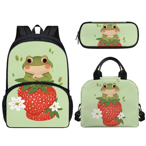 Woisttop 3-teiliges Schulrucksack-Set für Vorschule, Grundschule, Büchertaschen-Set mit Lunch-Tasche, Federmäppchen, Kinder-Schultaschen, Rucksack, Tagesrucksack, 3-in-1, frosch von Woisttop