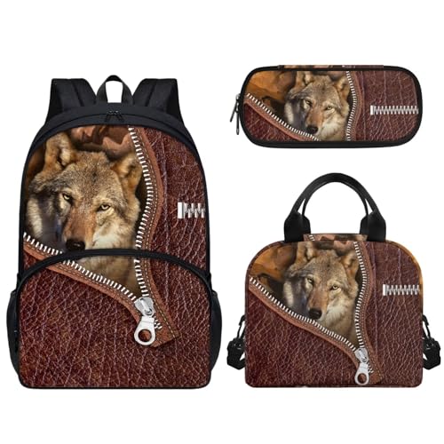 Woisttop 3-teiliges Schulrucksack-Set für Vorschule, Grundschule, Büchertaschen-Set mit Lunch-Tasche, Federmäppchen, Kinder-Schultaschen, Rucksack, Tagesrucksack, 3-in-1, wolf von Woisttop