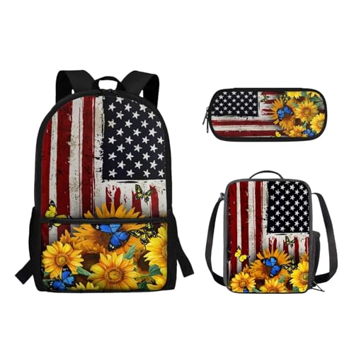 Woisttop 3 x Kinder-Büchertasche mit isolierter Kühltasche, Federmäppchen, Rucksack, Tagesrucksack für Kinder, Teenager, Mädchen, Jungen, US-Flagge von Woisttop