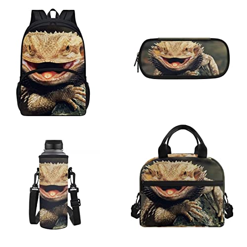 Woisttop 4-teiliges Schulranzen-Set, große Kapazität, Rucksack mit Lunchbox, Federmäppchen und Wasserflaschentasche für Kinder, Drache Lzard, Rucksack Rucksäcke von Woisttop