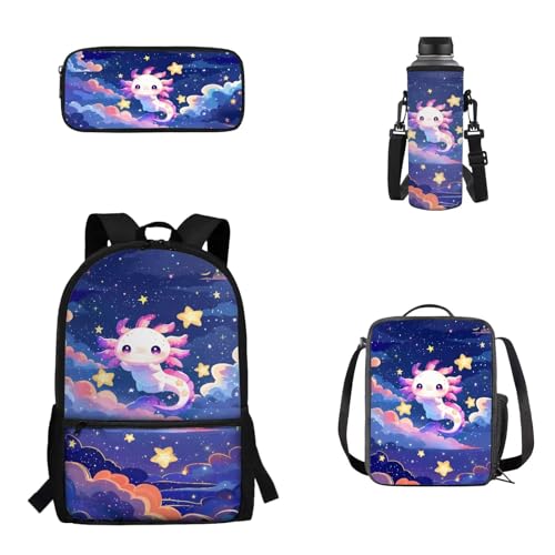 Woisttop 4-teiliges Schulrucksack-Set für Kinder, Jungen, Mädchen, Rucksack, Tagesrucksack mit Lunch-Tragetasche, Federmäppchen, Wasserbecherhalter-Set, Axolotl von Woisttop