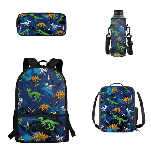 Woisttop 4-teiliges Schulrucksack-Set für Kinder, Jungen, Mädchen, Rucksack, Tagesrucksack mit Lunch-Tragetasche, Federmäppchen, Wasserbecherhalter-Set, Dinosaurier von Woisttop