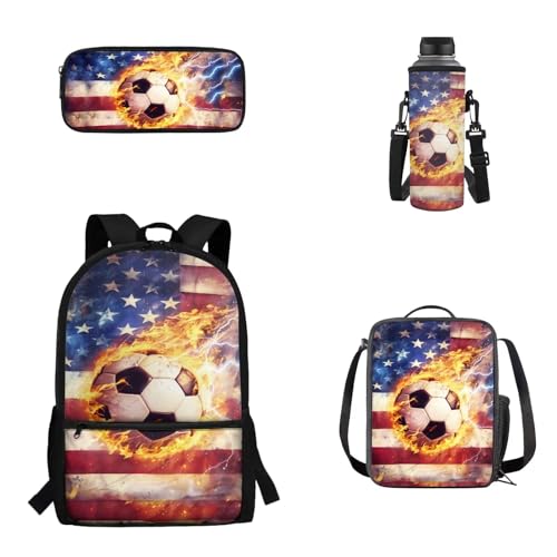 Woisttop 4-teiliges Schulrucksack-Set für Kinder, Jungen, Mädchen, Rucksack, Tagesrucksack mit Lunch-Tragetasche, Federmäppchen, Wasserbecherhalter-Set, Fußball mit amerikanischer Flagge von Woisttop