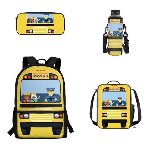 Woisttop 4-teiliges Schulrucksack-Set für Kinder, Jungen, Mädchen, Rucksack, Tagesrucksack mit Lunch-Tragetasche, Federmäppchen, Wasserbecherhalter-Set, Schulbus von Woisttop