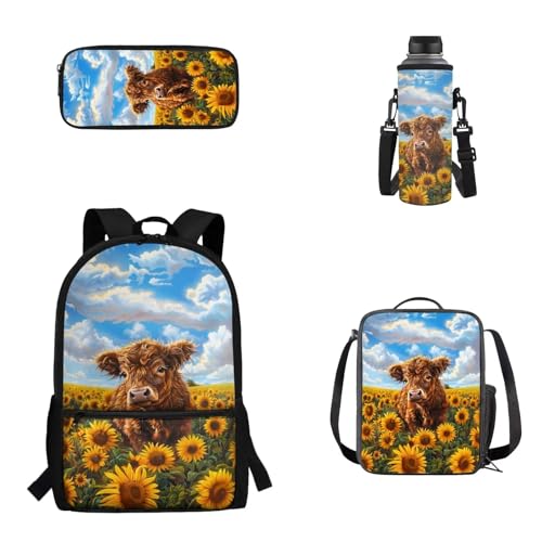 Woisttop 4-teiliges Schulrucksack-Set für Kinder, Jungen, Mädchen, Rucksack, Tagesrucksack mit Lunch-Tragetasche, Federmäppchen, Wasserbecherhalter-Set, Yak-Sonnenblume von Woisttop