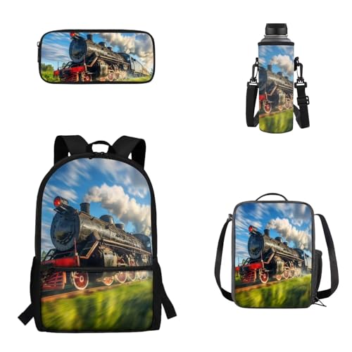 Woisttop 4-teiliges Schulrucksack-Set für Kinder, Jungen, Mädchen, Rucksack, Tagesrucksack mit Lunch-Tragetasche, Federmäppchen, Wasserbecherhalter-Set, Zug von Woisttop