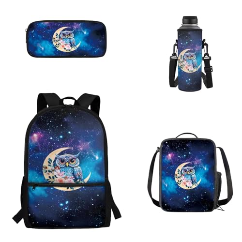 Woisttop 4-teiliges Schulrucksack-Set für Kinder, Jungen, Mädchen, Rucksack, Tagesrucksack mit Lunch-Tragetasche, Federmäppchen, Wasserbecherhalter-Set, eule von Woisttop