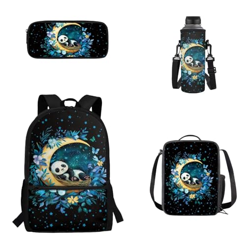 Woisttop 4-teiliges Schulrucksack-Set für Kinder, Jungen, Mädchen, Rucksack, Tagesrucksack mit Lunch-Tragetasche, Federmäppchen, Wasserbecherhalter-Set, panda von Woisttop