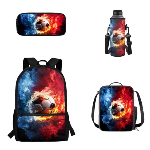 Woisttop 4-teiliges Set für Kinder, Schulrucksack, Büchertasche mit Lunchbox, Federmäppchen, Wasserflaschen-Abdeckungs-Set für Jungen und Mädchen, 0-Fußball von Woisttop