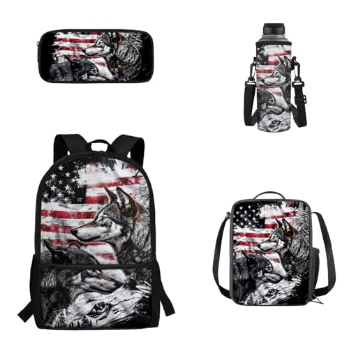 Woisttop 4-teiliges Set für Kinder, Schulrucksack, Büchertasche mit Lunchbox, Federmäppchen, Wasserflaschen-Abdeckungs-Set für Jungen und Mädchen, Amerikanische Flagge, Wolf von Woisttop