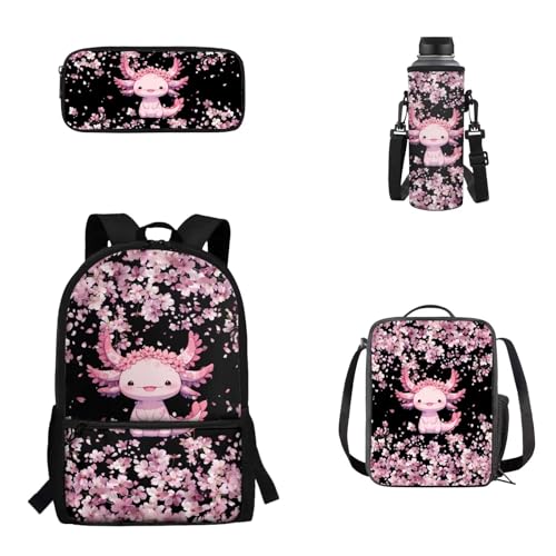 Woisttop 4-teiliges Set für Kinder, Schulrucksack, Büchertasche mit Lunchbox, Federmäppchen, Wasserflaschen-Abdeckungs-Set für Jungen und Mädchen, Axolotl von Woisttop