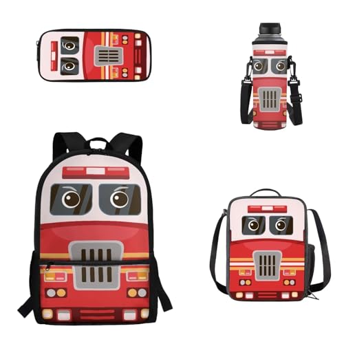 Woisttop 4-teiliges Set für Kinder, Schulrucksack, Büchertasche mit Lunchbox, Federmäppchen, Wasserflaschen-Abdeckungs-Set für Jungen und Mädchen, Cartoon-Auto von Woisttop