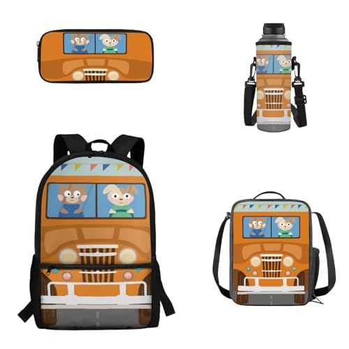 Woisttop 4-teiliges Set für Kinder, Schulrucksack, Büchertasche mit Lunchbox, Federmäppchen, Wasserflaschen-Abdeckungs-Set für Jungen und Mädchen, Cartoon-Schulbus von Woisttop