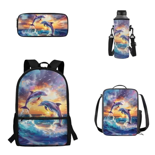 Woisttop 4-teiliges Set für Kinder, Schulrucksack, Büchertasche mit Lunchbox, Federmäppchen, Wasserflaschen-Abdeckungs-Set für Jungen und Mädchen, Delfin von Woisttop