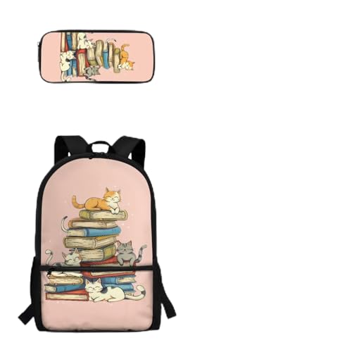 Woisttop 4-teiliges Set für Kinder, Schulrucksack, Büchertasche mit Lunchbox, Federmäppchen, Wasserflaschen-Abdeckungs-Set für Jungen und Mädchen, Katzendesign von Woisttop