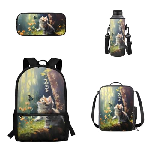 Woisttop 4-teiliges Set für Kinder, Schulrucksack, Büchertasche mit Lunchbox, Federmäppchen, Wasserflaschen-Abdeckungs-Set für Jungen und Mädchen, Niedliche Katze von Woisttop