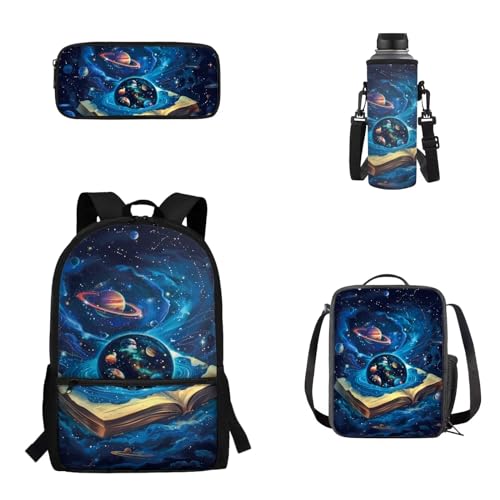 Woisttop 4-teiliges Set für Kinder, Schulrucksack, Büchertasche mit Lunchbox, Federmäppchen, Wasserflaschen-Abdeckungs-Set für Jungen und Mädchen, Planet von Woisttop