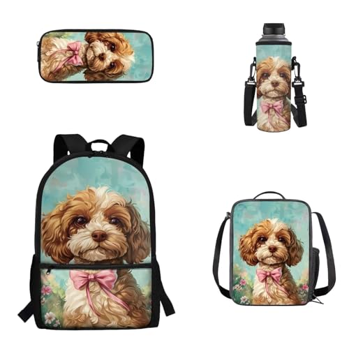 Woisttop 4-teiliges Set für Kinder, Schulrucksack, Büchertasche mit Lunchbox, Federmäppchen, Wasserflaschen-Abdeckungs-Set für Jungen und Mädchen, hund von Woisttop