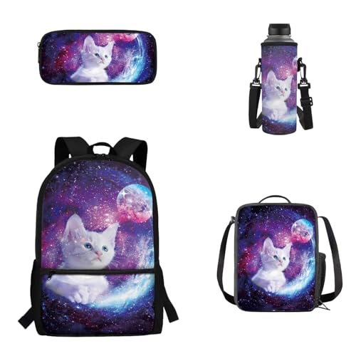 Woisttop 4-teiliges Set für Kinder, Schulrucksack, Büchertasche mit Lunchbox, Federmäppchen, Wasserflaschen-Abdeckungs-Set für Jungen und Mädchen, katze von Woisttop