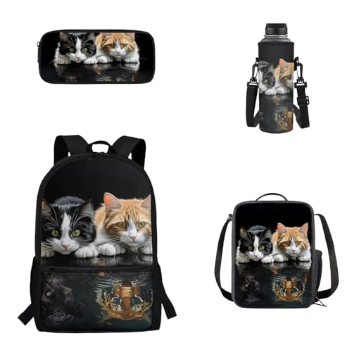 Woisttop 4-teiliges Set für Kinder, Schulrucksack, Büchertasche mit Lunchbox, Federmäppchen, Wasserflaschen-Bezug-Set für Jungen und Mädchen, Katze bricht Tiger von Woisttop