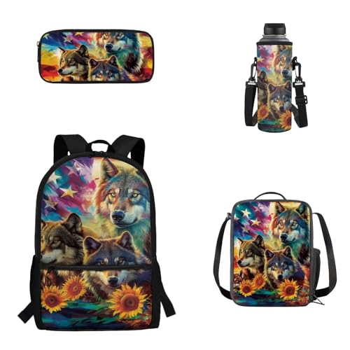 Woisttop 4-teiliges Set für Kinder, Schulrucksack, Büchertasche mit Lunchbox, Federmäppchen, Wasserflaschen-Bezug-Set für Jungen und Mädchen, Wolf, Sonnenblume von Woisttop