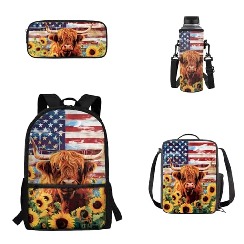 Woisttop 4er-Pack Rucksack-Schultaschen-Set für Kinder, Schulbüchertasche mit isolierter Lunchbox, Federmäppchen, Wasserflaschenhülle, Amerikanische Flagge Yak von Woisttop