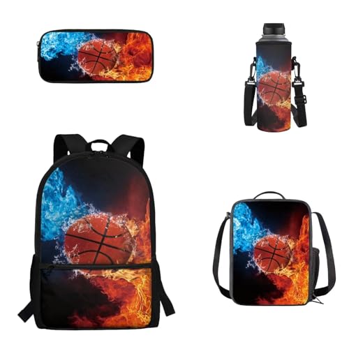 Woisttop 4er-Pack Rucksack-Schultaschen-Set für Kinder, Schulbüchertasche mit isolierter Lunchbox, Federmäppchen, Wasserflaschenhülle, Basketball von Woisttop