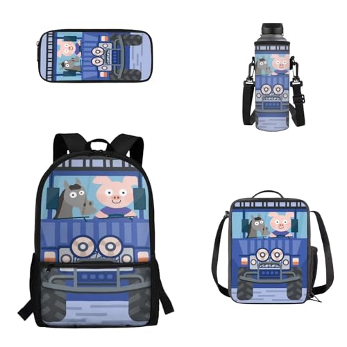 Woisttop 4er-Pack Rucksack-Schultaschen-Set für Kinder, Schulbüchertasche mit isolierter Lunchbox, Federmäppchen, Wasserflaschenhülle, Cartoon Pig von Woisttop