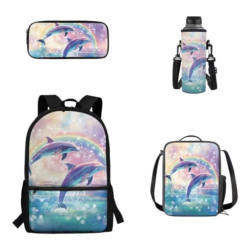 Woisttop 4er-Pack Rucksack-Schultaschen-Set für Kinder, Schulbüchertasche mit isolierter Lunchbox, Federmäppchen, Wasserflaschenhülle, Delfin von Woisttop