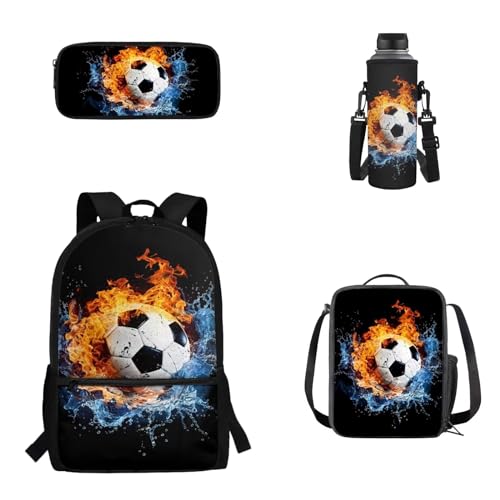 Woisttop 4er-Pack Rucksack-Schultaschen-Set für Kinder, Schulbüchertasche mit isolierter Lunchbox, Federmäppchen, Wasserflaschenhülle, Fußball-Aufdruck von Woisttop