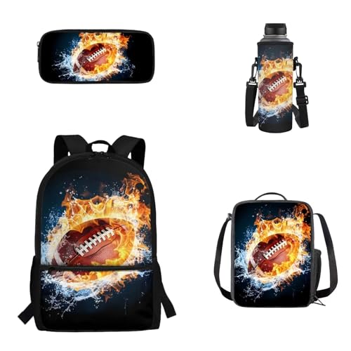 Woisttop 4er-Pack Rucksack-Schultaschen-Set für Kinder, Schulbüchertasche mit isolierter Lunchbox, Federmäppchen, Wasserflaschenhülle, Rugby-Feuer von Woisttop