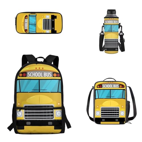 Woisttop 4er-Pack Rucksack-Schultaschen-Set für Kinder, Schulbüchertasche mit isolierter Lunchbox, Federmäppchen, Wasserflaschenhülle, Schulbus von Woisttop