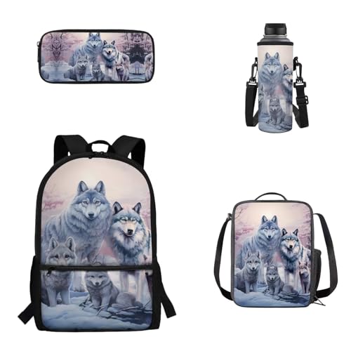 Woisttop 4er-Pack Rucksack-Schultaschen-Set für Kinder, Schulbüchertasche mit isolierter Lunchbox, Federmäppchen, Wasserflaschenhülle, Wölfe von Woisttop