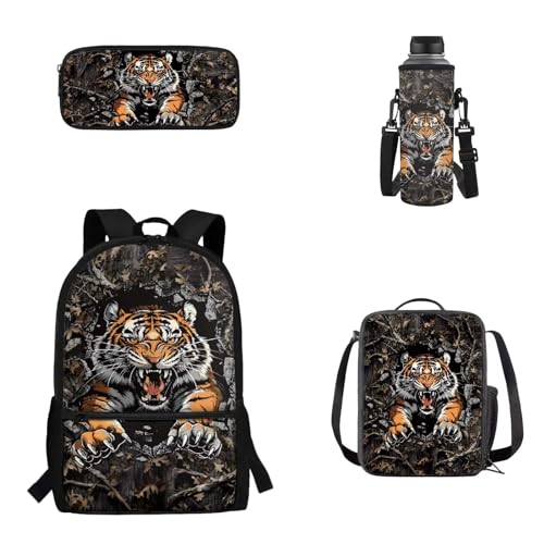 Woisttop 4er-Pack Rucksack-Schultaschen-Set für Kinder, Schulbüchertasche mit isolierter Lunchbox, Federmäppchen, Wasserflaschenhülle, tiger von Woisttop