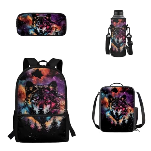 Woisttop 4er-Pack Rucksack-Schultaschen-Set für Kinder, Schulbüchertasche mit isolierter Lunchbox, Federmäppchen, Wasserflaschenhülle, wolf von Woisttop