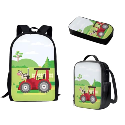 Woisttop Kinder-/Teenager-Rucksack, Büchertasche mit isolierter Lunchtasche, Tragetasche, Federmäppchen, 3-teiliges Tagesrucksack-Set, Cartoon Traktor von Woisttop