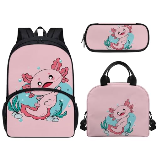 Woisttop Kinder-Rucksack, Schul-Büchertasche mit wiederverwendbarer Lunchtasche, Federmäppchen, 3-teiliges Set, Vorschule, Elementarrucksack, Tagesrucksack, Rucksack, Axolotl von Woisttop