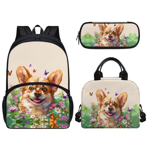 Woisttop Kinder-Rucksack, Schul-Büchertasche mit wiederverwendbarer Lunchtasche, Federmäppchen, 3-teiliges Set, Vorschule, Elementarrucksack, Tagesrucksack, Rucksack, Corgi von Woisttop